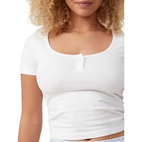 Stretch-Organic Cotton Peached Jersey Henley Sleep Top