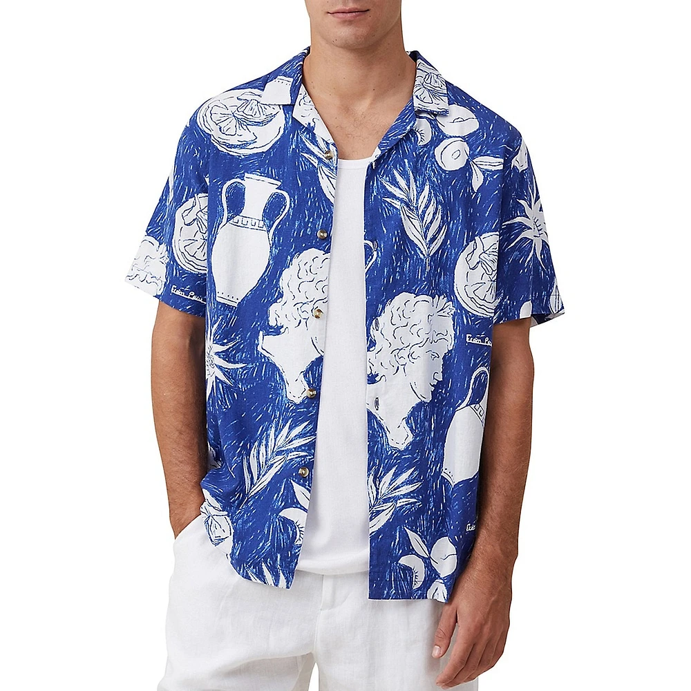 Grecian-Print Short-Sleeve Cabana Shirt