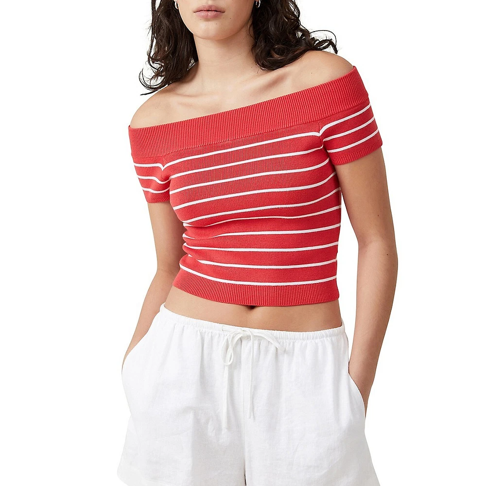 Striped Off-The-Shoulder Rib-Knit Top