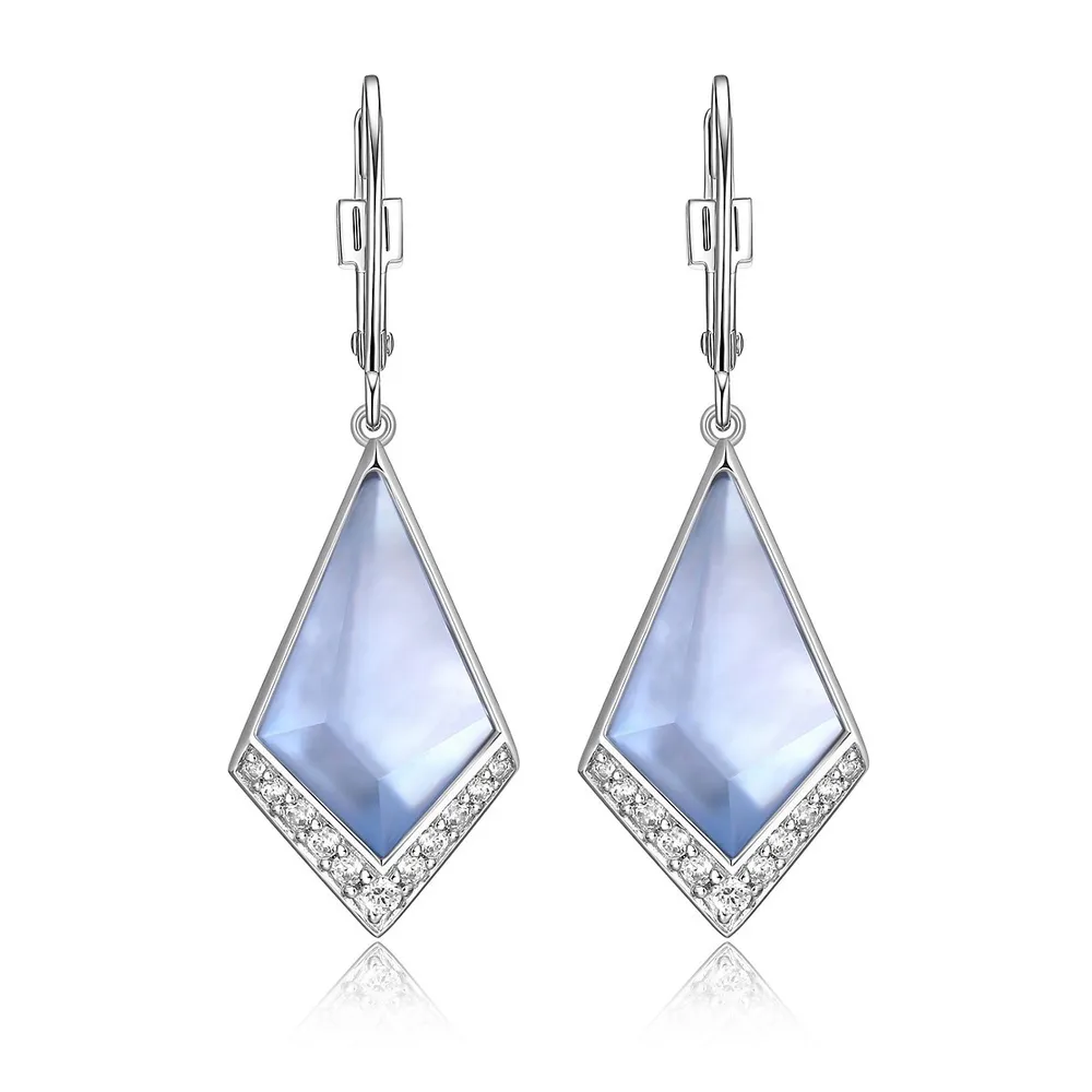 Rhodium-plated Sterling Silver Bluetopaz & Genuine Mother Of Pearl Doublet Cubic Zirconia Earring