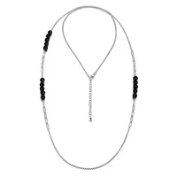 Rhodium-plated Sterling Silver Genuine Black Agate Beads Clip Link Accent Long Necklace