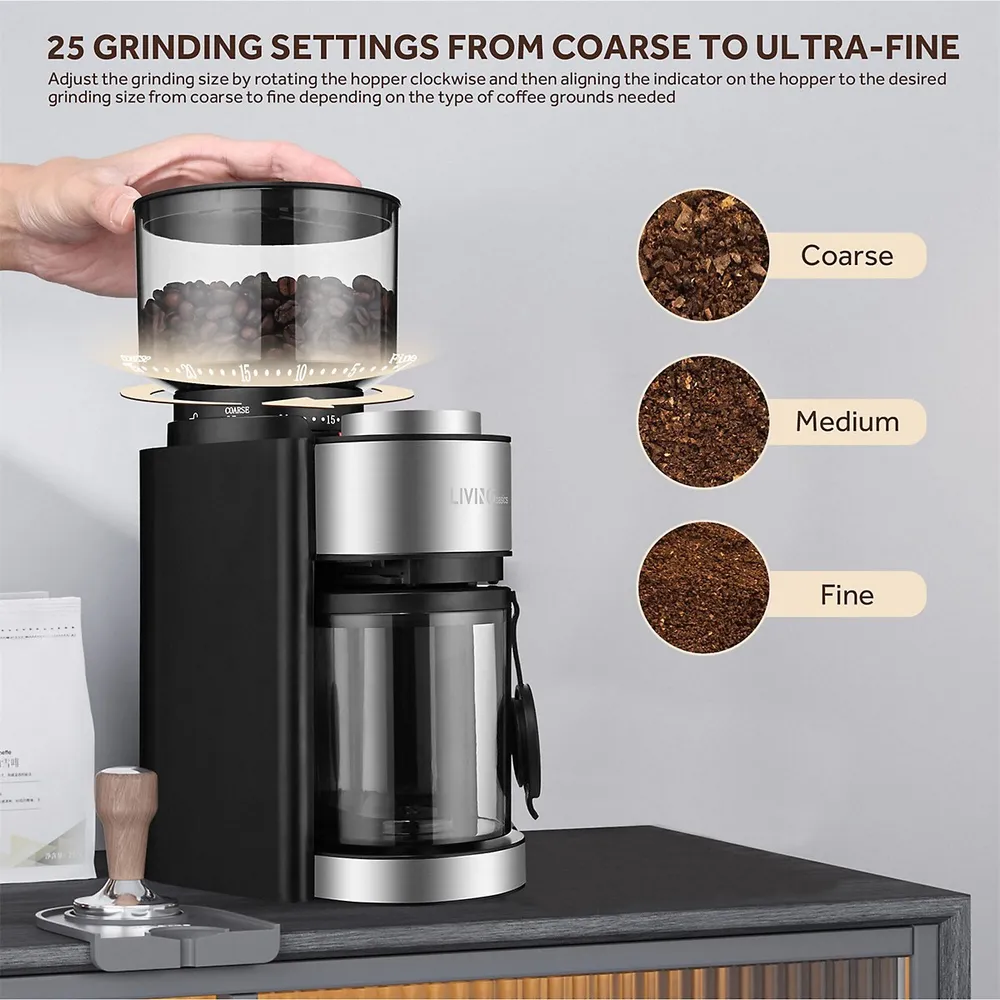 Coffee Grinder Adjustable Automatic Conical Burr Mill With 25 Precise Grind Setting For 2-12 Cup, Black