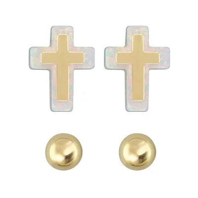 10kt Yellow Gold Ball And White Cross Stud Set