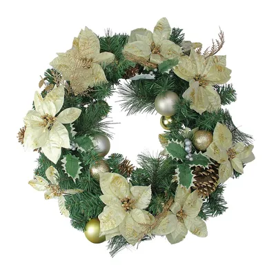 24" White Poinsettia And Pine Cone Artificial Christmas Wreath - Unlit