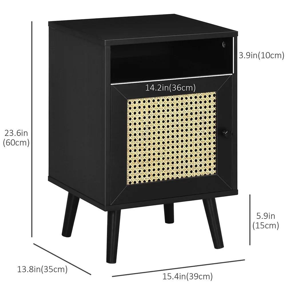 Nightstand, Bedside Table With Rattan Shelf And Cupboard