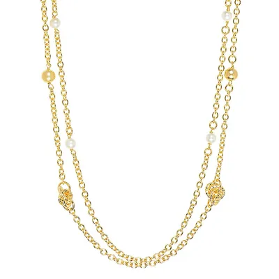 18kt Gold Plated 30"+2" Long Double With Pearls And Knots Necklace