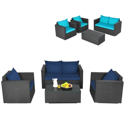 4pcs Patio Rattan Furniture Set Cushioned Sofa Loveseat With Navy & Turquoise Cover