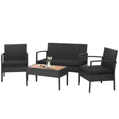 4pcs Patio Rattan Furniture Set Cushioned Chair Wooden Tabletop