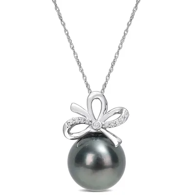 Tahitian Cultured Pearl & Diamond Accent Bow Pendant With Chain In 14k White Gold