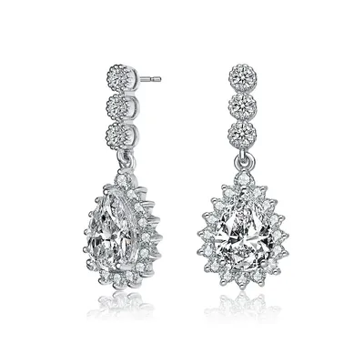 Sterling Silver White Gold Plating With Clear Cubic Zirconia Halo Drop Earrings