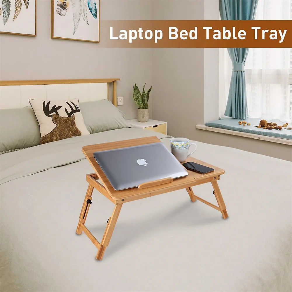 Bamboo Laptop Stand, Bed Desk Table Tray with Cooling Fan Foldable Legs Tilting Top