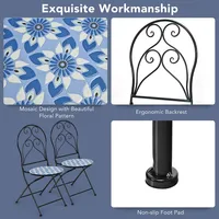 2pcs Patio Folding Mosaic Bistro Chairs Blue Flower Pattern Seat Garden
