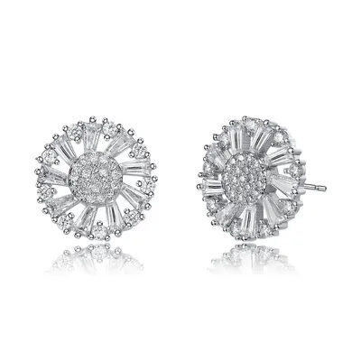 Gv Sterling Silver With Colored Cubic Zirconia Pinwheel Cluster Stud Earrings