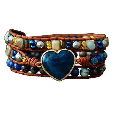 Blue Apatite Gemstone Heart Beaded Leather Wrap Bracelet