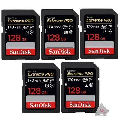 5x Extreme Pro 128gb Sdxc Uhs-i/u3 V30 Class 10 Memory Card, Speed Up To 170mb/s (sdsdxxy-128g-gn4in)