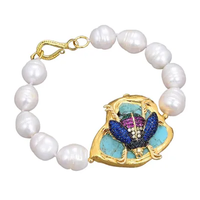 Cultured Freshwater Pearl Bracelet With Turquoise Stone Cz Multi Colored Bee