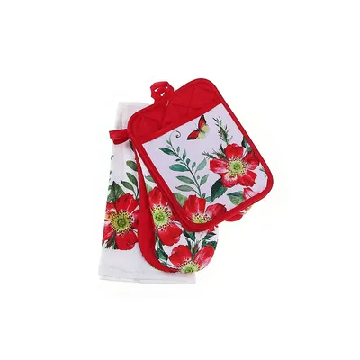 5 Pc Kitchen Set Fiery Red Floral