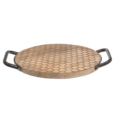 Mango Wood Honeycomb Round Tray With Handles