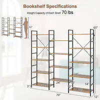 Triple Wide 5 Tiers Bookshelf Open Display Shelves W/ Metal Frame Rustic Brown