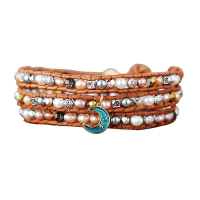 Cultured Pearl Leather Wrap Bracelet With Blue Moon