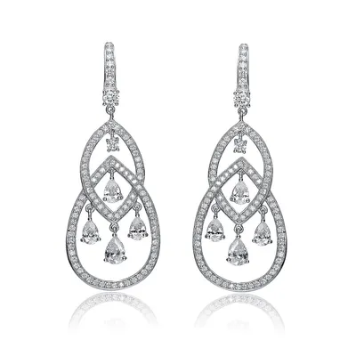 Sterling Silver White Gold Plating With Colored Cubic Zirconia Double Teardrop Chandelier Earrings
