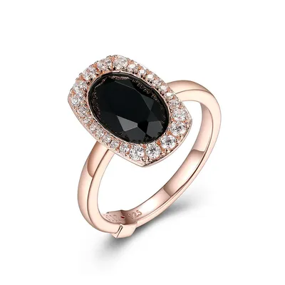 Rose Gold-plated Sterling Silver Genuine Black Agate & Cubic Zirconia Ring