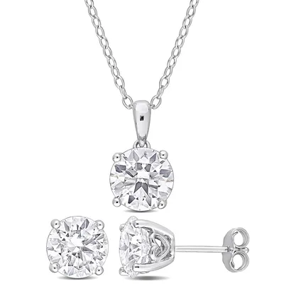 2-piece Set 6 Ct Dew Created Moissanite Solitaire Pendant With Chain And Stud Earrings In Sterling Silver