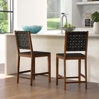 Woven Bar Stools Set Of 2 Counter Height Dining Chairs Faux Pu Leather Kitchen