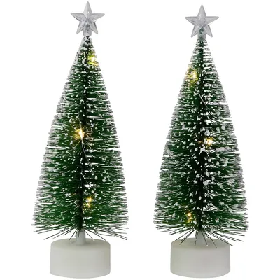 Set Of 2 Led Pre-lit Green Mini Bottle Brush Pine Christmas Village Trees
