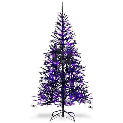 6ft Pre-lit Hinged Halloween Tree Black W/ 250 Purple Led Lights & 25 Ornaments