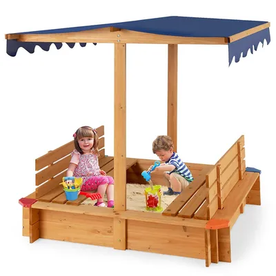 Kids Wooden Sandbox W/ Canopy & 2 Bench Seats Bottom Liner For Outdoor