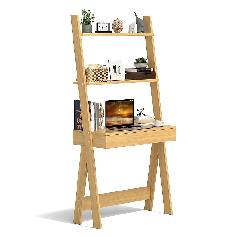 Ladder Shelf Desk Bookcase W/countertop, Drawer & 2 Shelves Bookshelf Walnutgreynatural