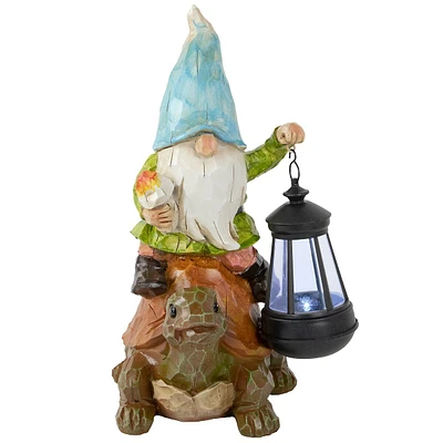 12.5" Solar Led Lighted Gnome And Turtle Outdoor Garden Statue