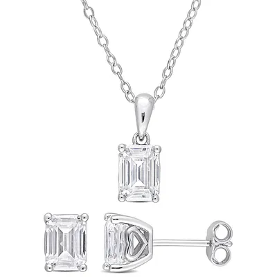 2-piece Set 3 Ct Dew Created Moissanite Emerald-cut Solitaire Pendant With Chain And Stud Earrings In Sterling Silver