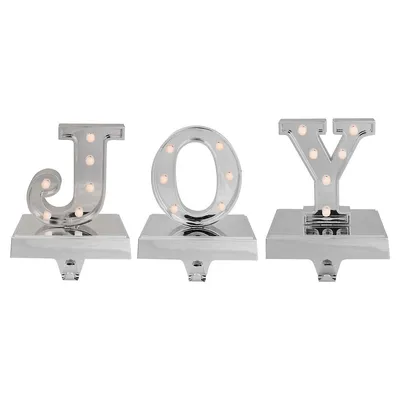 Set Of 3 Silver Led Lighted "joy" Christmas Stocking Holder 6.5"