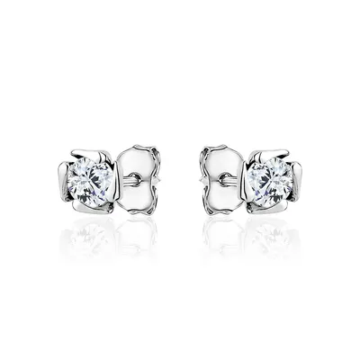 18k White Gold Plated Silver Rose Clear Zirconia Stud Earrings