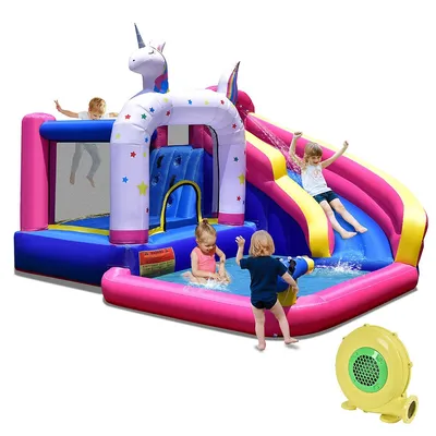 Unicorn Theme Inflatable Water Slide Kids Bounce Castle W/ 480w Air Blower