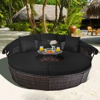 Costway Patio Rattan Daybed Cushioned Sofa Adjustable Table Top Canopy Black