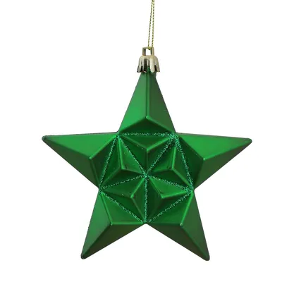12ct Matte Xmas Green And Gold Glittered Star Shatterproof Christmas Ornaments 5"