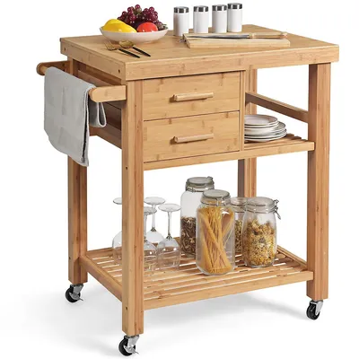 Bamboo Kitchen Trolley Cart Wood Rolling Island W/ Tower Rack & Drawers