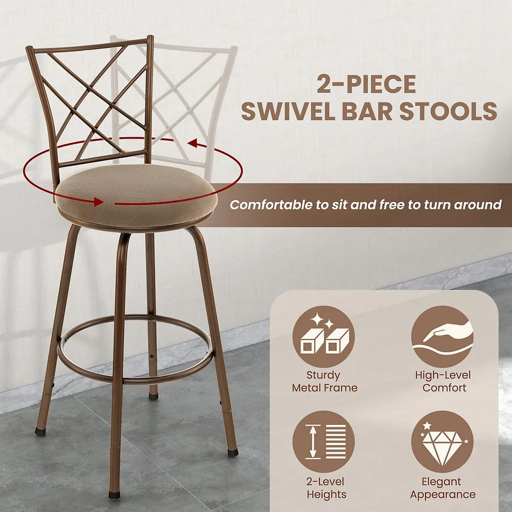 Set Of 2 24/30 Inch Adjustable Swivel Barstools Metal Dining Chairs Brown