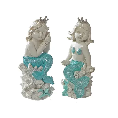 Polyresin Mermaid Sitting On Coral Figurine (asstd)