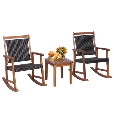 3pcs Patio Rattan Rocking Chair Bistro Set Acacia Wood Frame Armrest