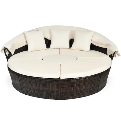 Cushioned Patio Rattan Round Daybed W/ Adjustable Table 3 Pillows Canopy