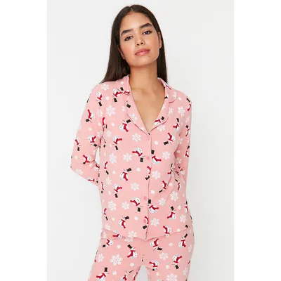 Women With Slogan Knit Shirt-trousers Pajama Set