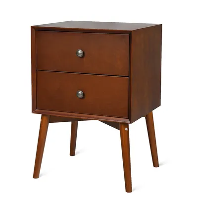 Nightstand Mid-century End Side Table 2 Drawers Rubber Wood Legs Living Room