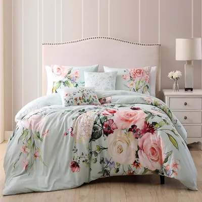 Rose On Misty Green 100% Cotton 5 Piece Reversible Comforter Set