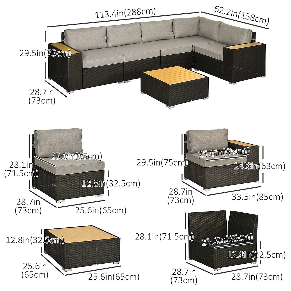 6 Pc Patio Furniture Set, Rattan Corner Sofa And Table