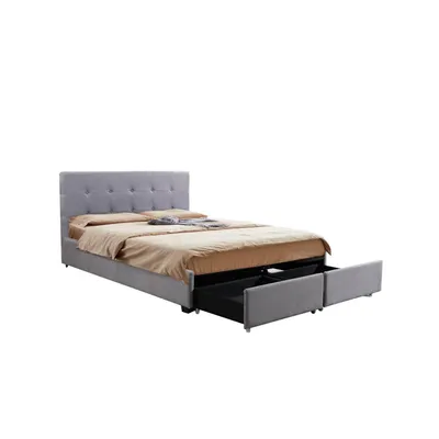 Victoria Grey Tufted Linen Platform Bed With Two Storage Drawers