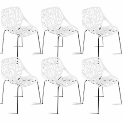 Set Of 6 Birch Sapling Plastic Dining Side Chairs Stackable Accent Armless White
